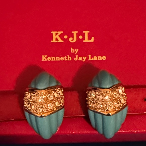 Kenneth Jay Lane Gold and Blue Faux Turquoise Clip On Earrings - Picture 1 of 10